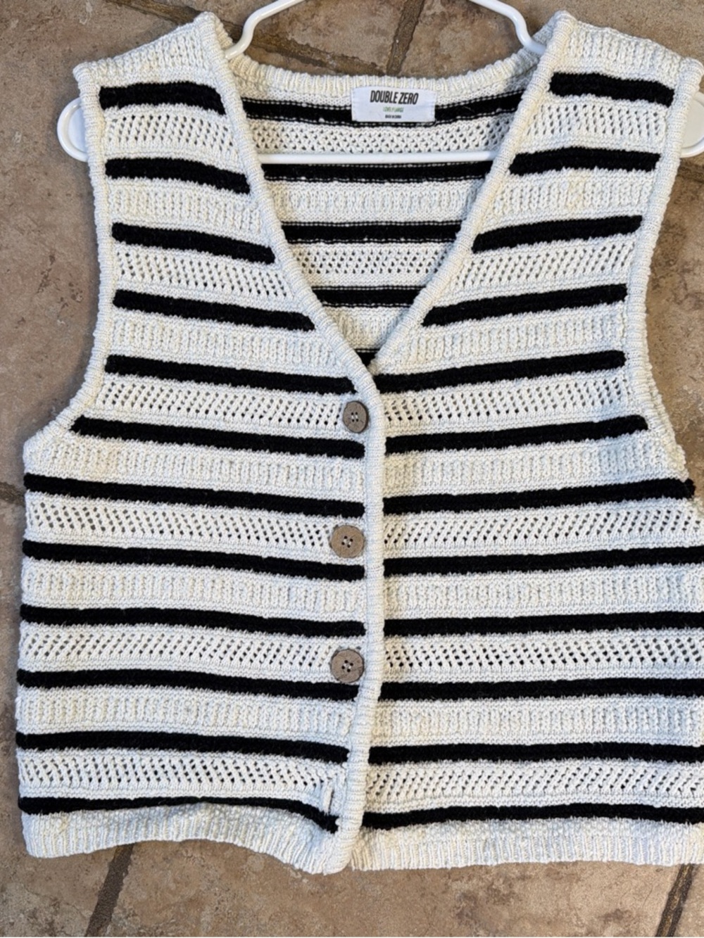 Double Zero Cream & Black Striped Knit Button Vest